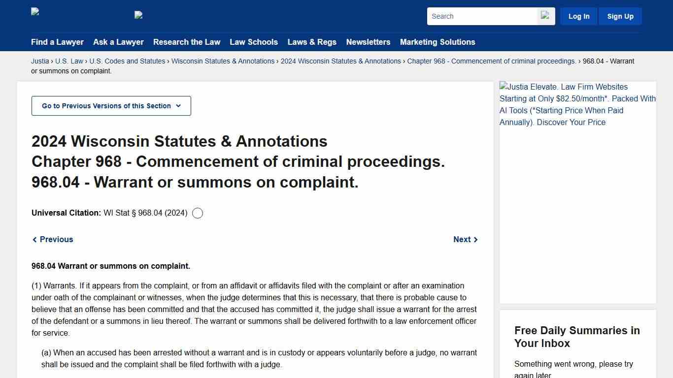 Wisconsin Statutes § 968.04 (2024) — Warrant or summons on complaint. :: 2024 Wisconsin Statutes & Annotations :: U.S. Codes and Statutes :: U.S. Law :: Justia