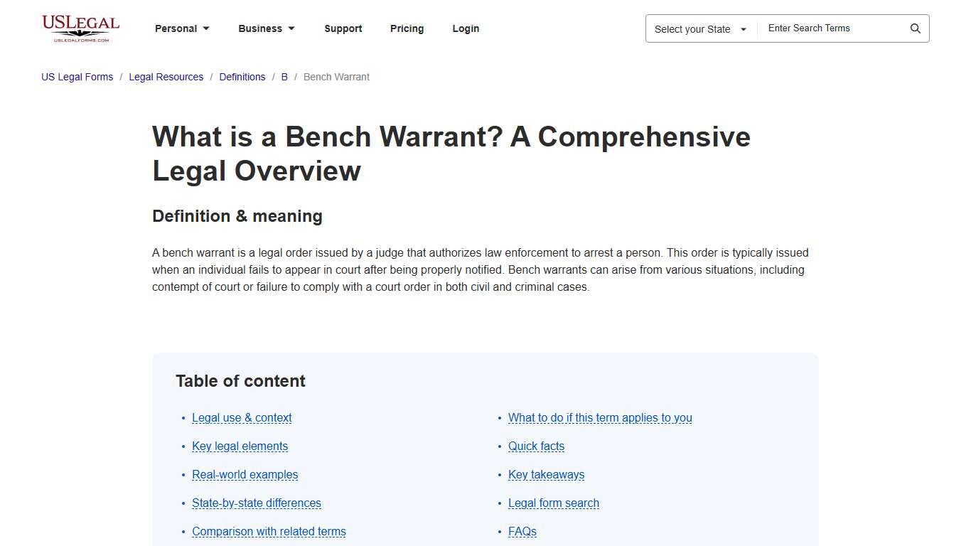 Bench Warrant: Understanding Its Legal Definition US Legal Forms